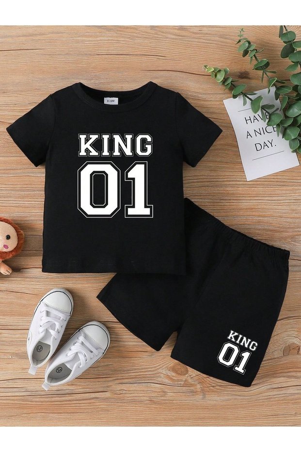 King 01 Printed Girls Boys Black Bottom-Top Shorts T-Shirt Set