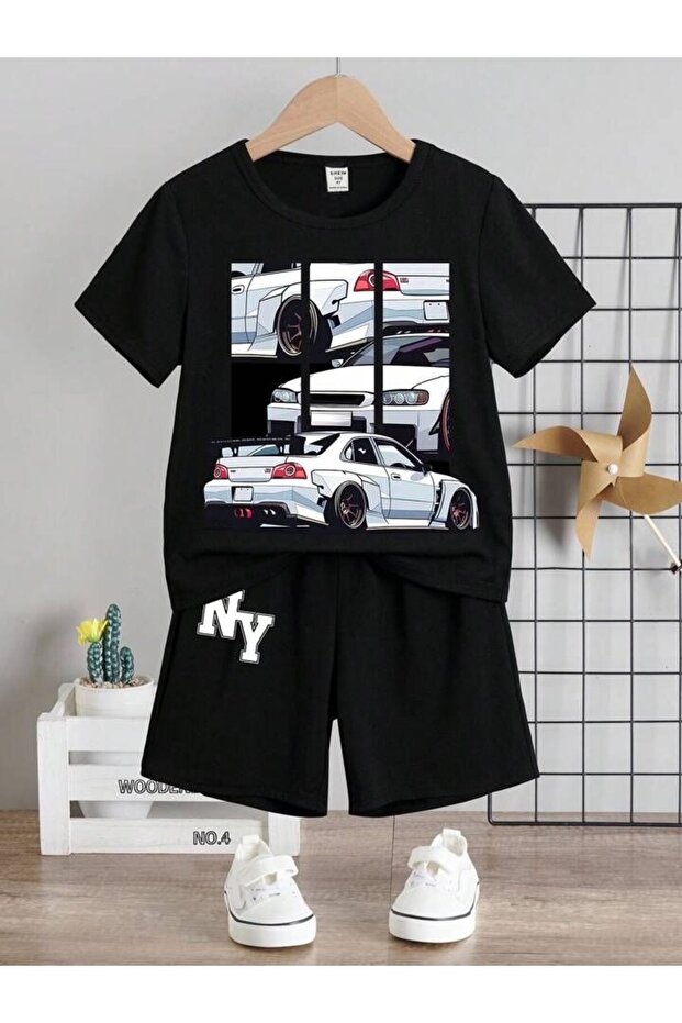 Ny White Car Printed Boys' Black Top-Shorts T-Shirt Set
