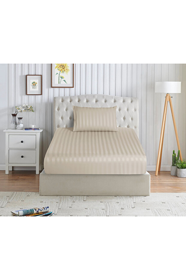 Striped Fitted Sheet Set 90x200 cm Single – 1 Fitted Sheet + 1 Pillowcases, 30cm Deep