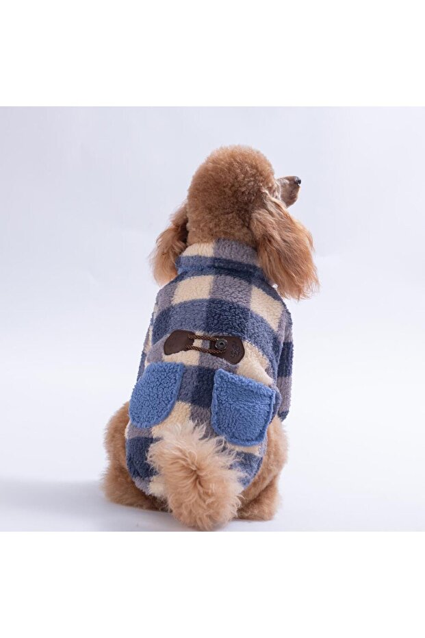 Royal Blue Chicago Checks V2 Plaid Pattern Buttoned Dog Jacket Thick Plush Dog Outfit Cat Coat