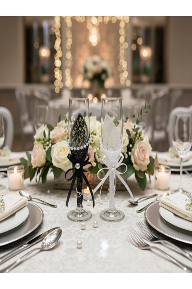 Wedding Bride & Groom Champagne Flute Glass Set of 2 – White & Black Design