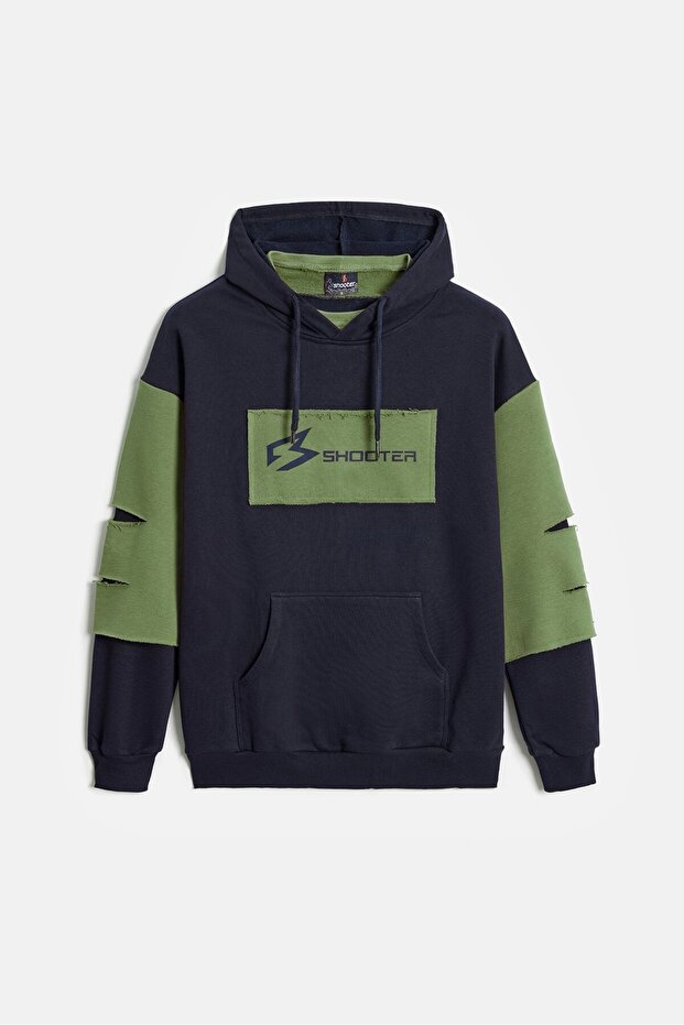 Shooter Sportswear Lacivert - Haki Erkek Oversize Kapüşonlu Baskılı Kanguru Cepli Sweatshirt