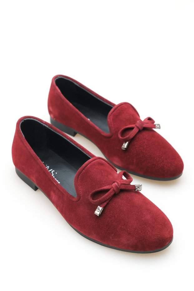 Ri̇ve Genuine Leather Burgundy Suede Women's Ballerina Shoes