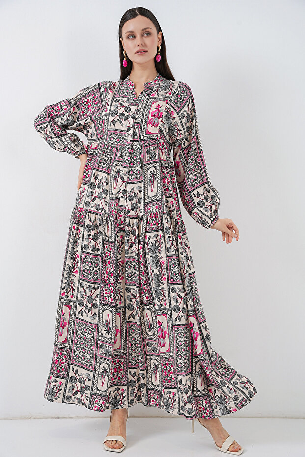 Women's Patterned Long Hijab Dress 2585 - B. Fuchsia