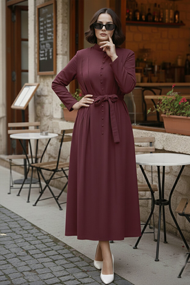 Buttoned Hijab Dress N7204 Burgundy
