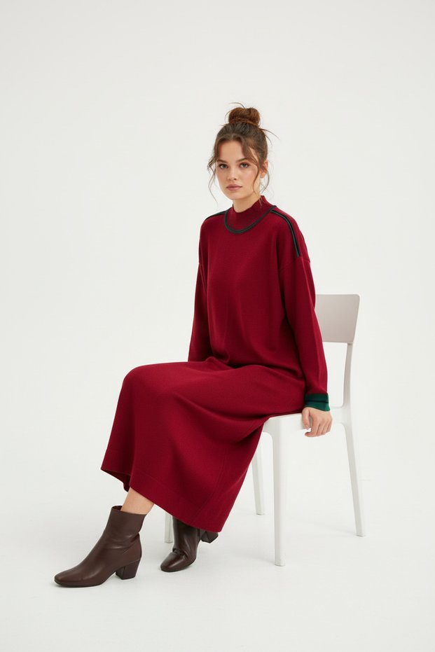 Women's Mercerized Fabric Minimal Stripe Detailed Casual Stylish Long Dress