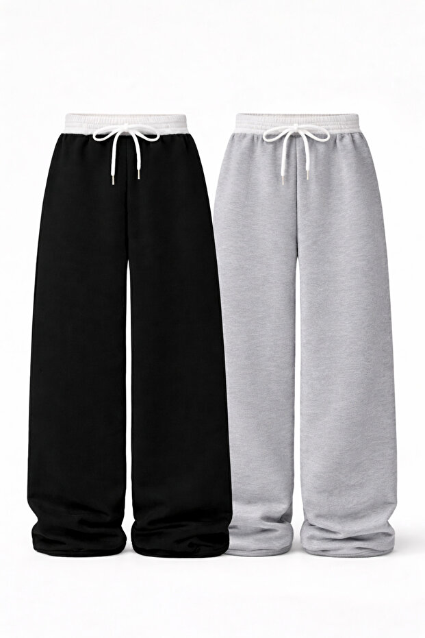 2-Pack Women's White Belted High Waist Full-Fit Wide Leg Sweatpants