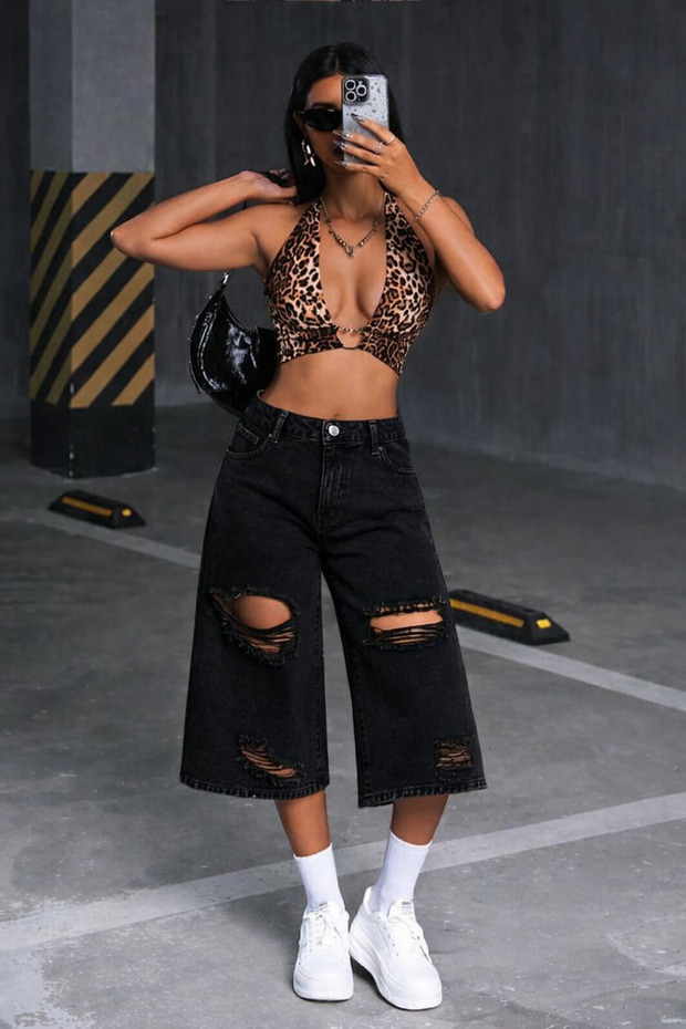 Baggy Denim Bermuda Şort - 1