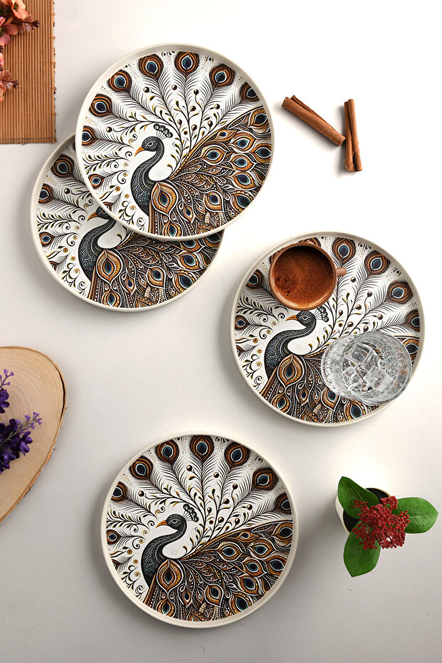 4-Piece Golden Peacock Tray 22 cm Brown-White