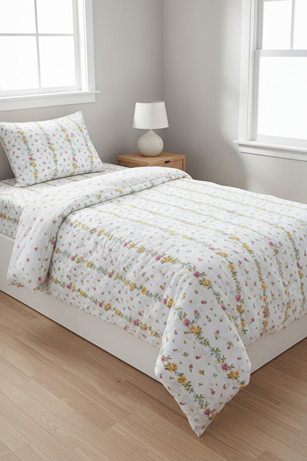 Elegant Floral Patterned Single 100% Cotton Duvet Cover Set 160X220