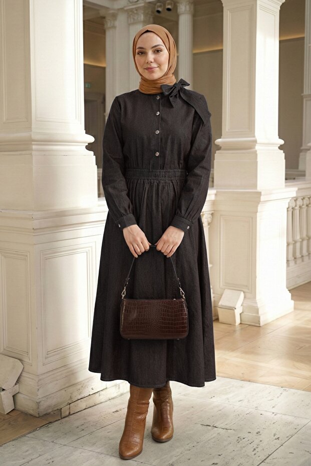 Bow Detail Brown Denim Skirt Set