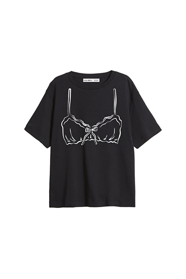 Lady Ribbon Printed Relaxed Fit Black Women's Tshirt