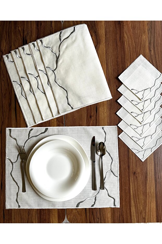 Linia Model Silver Embroidered 12 Piece Set American Service and Coffee Side Cocktail Presentation Napkin