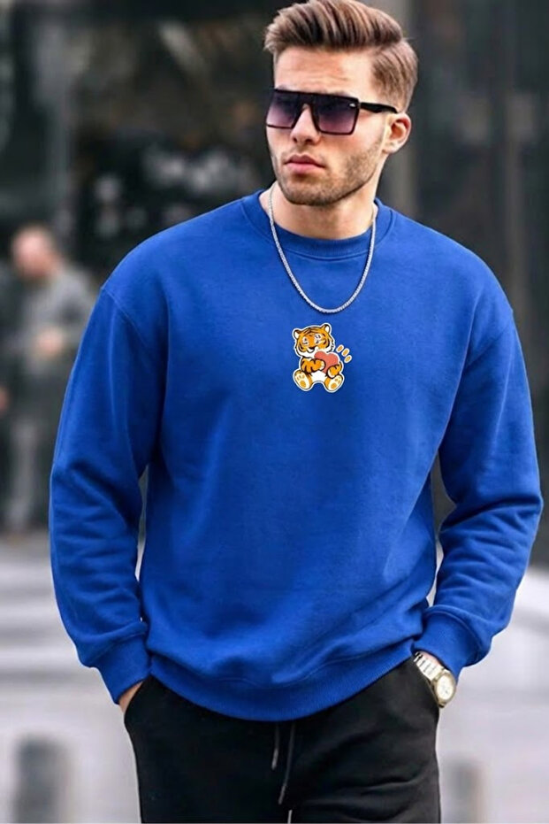 Men's Tiger Printed Loose Fit Blue Sweatshirt