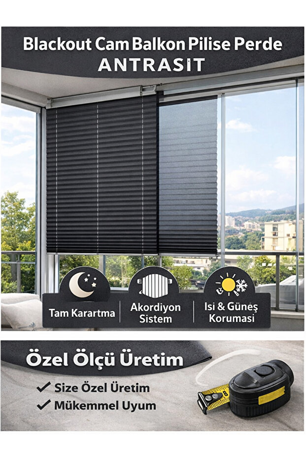 Blackout Foldable Glass Balcony Pleated Curtain – Anthracite (Screw or Hook Mounting)