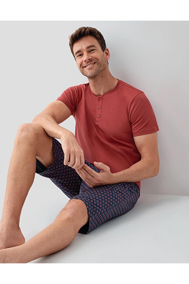 Men's 100% Cotton 3-Piece Pajama Set – Short Sleeve T-Shirt & Patterned Shorts & Pajama Bottoms