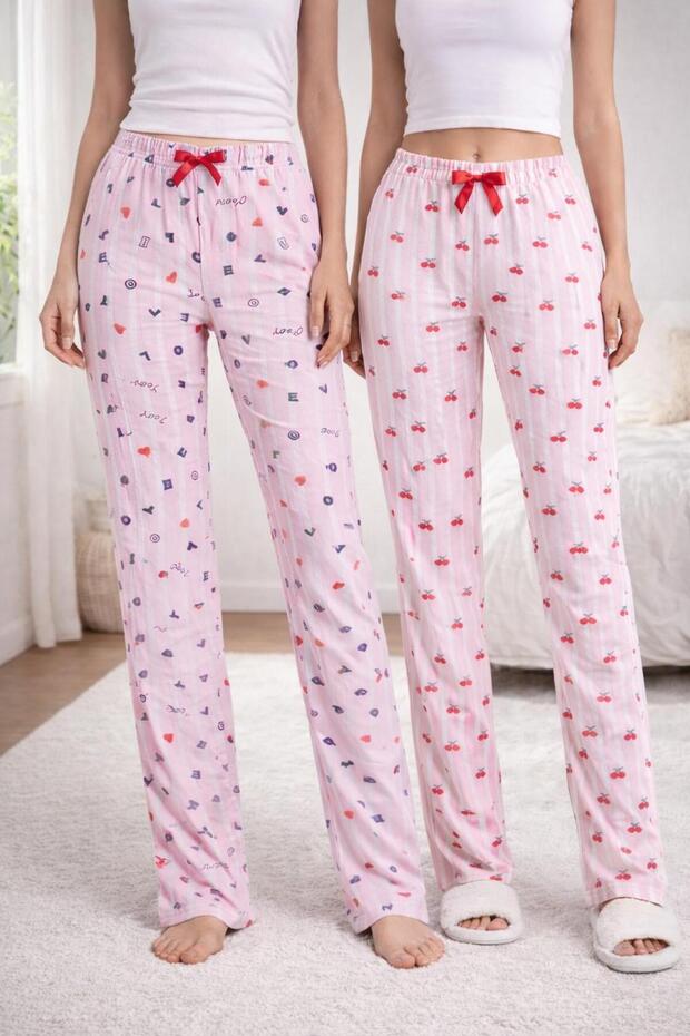 2-Piece Cotton Satin Ribbon Waist Detailed Patterned Women's Pajama Bottoms