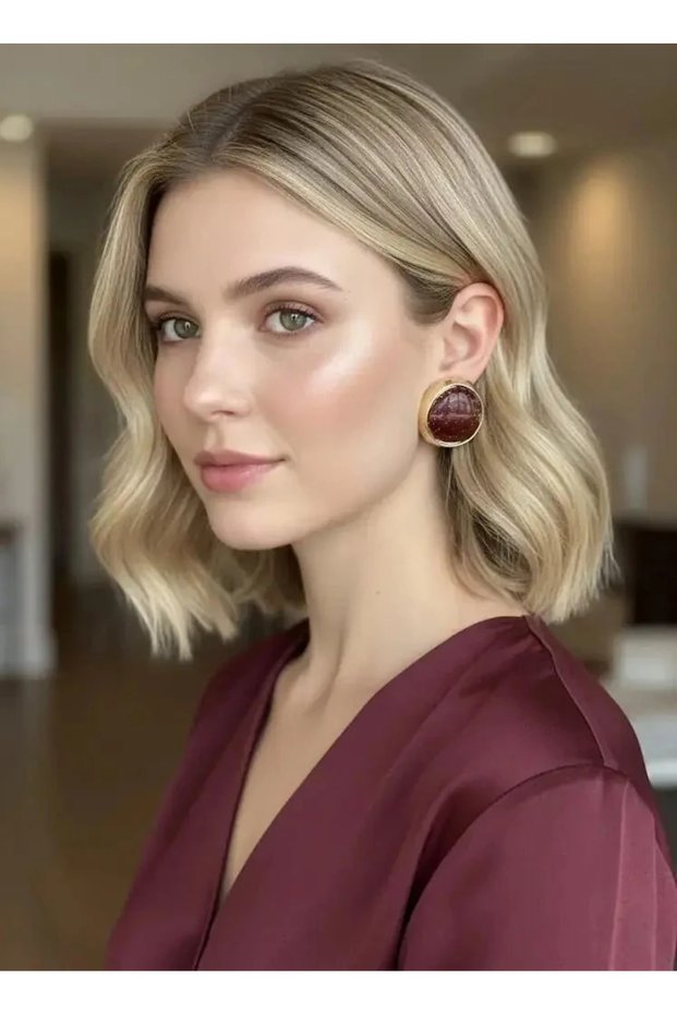 Brass Jewelry Gold Detailed Burgundy Color Silvery Button Vintage Women's Earrings