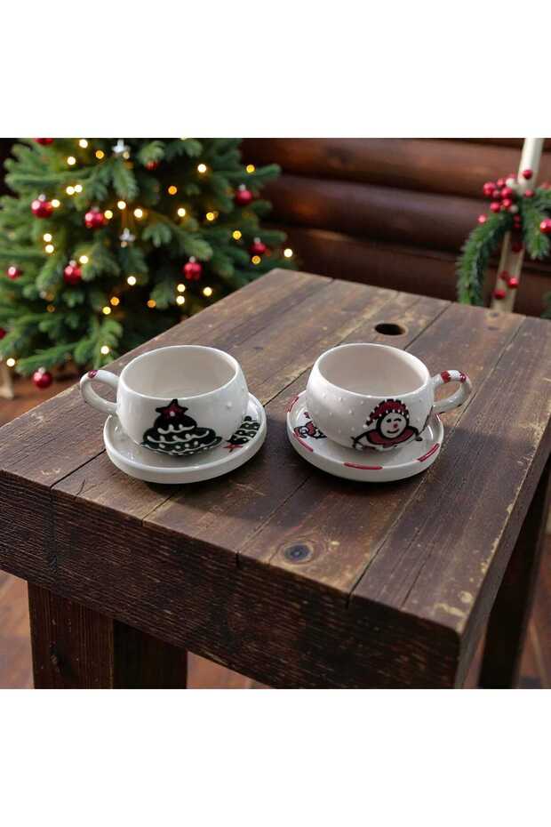 Christmas Themed Snowman and Pine Tree Patterned Handmade Ceramic Mug with 2 Plates