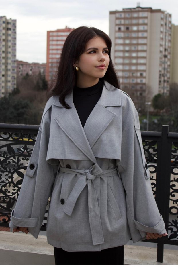 Women's Windbreaker Detailed Belted Oversized Off-Shoulder Short Trench Coat