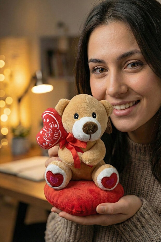 Valentine's Day Gift: Plush Bear Toy with Red Heart and "I Love You" Written on Pillow, 20 cm
