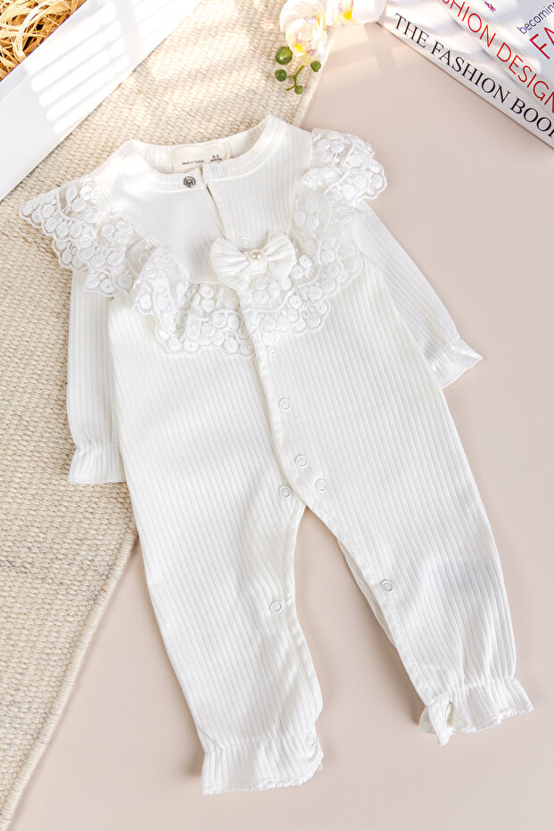 100% Cotton Baby Girl Romper with Guipure Bow