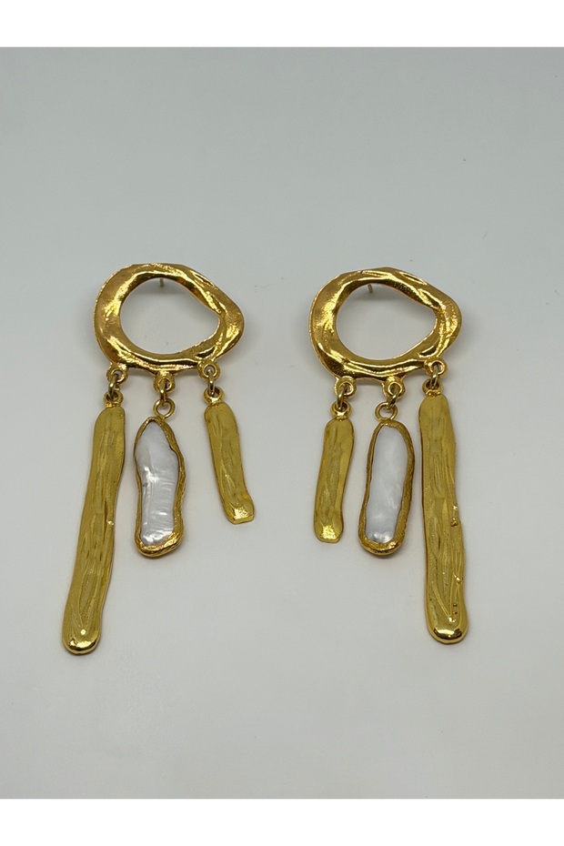 Special Asymmetrical Gold Dangle Earrings for Women with Pearl Detail
