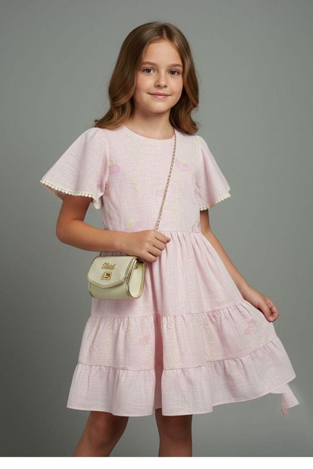 Girls' Floral Embroidered Dress with Bag, Short Sleeve