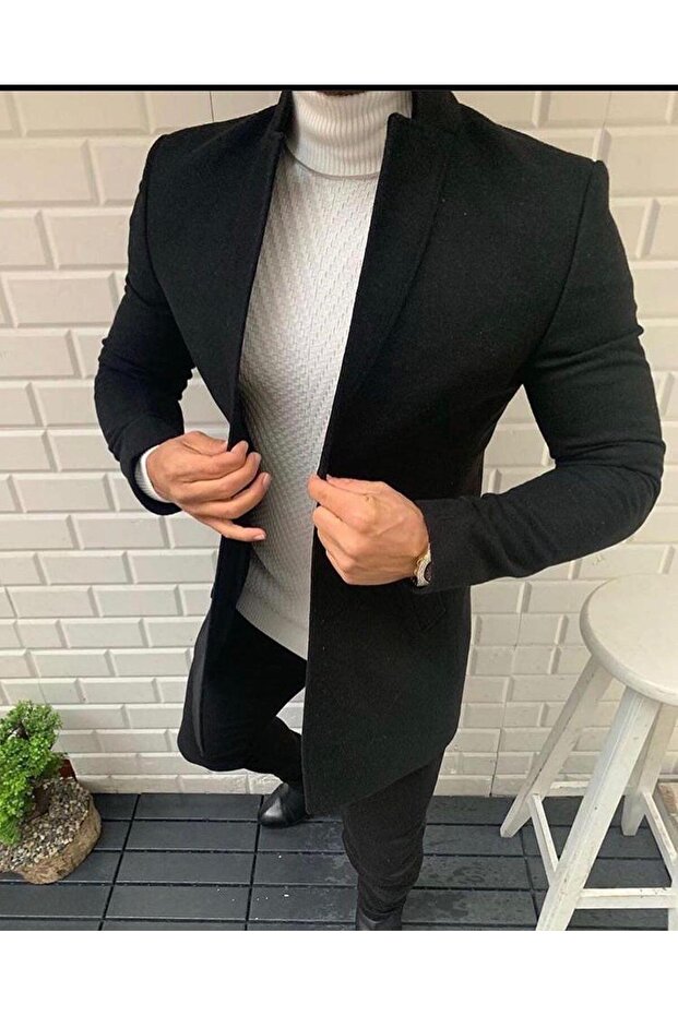 Men's Black Slim Fit Stand Collar Buttoned Cashmere Coat