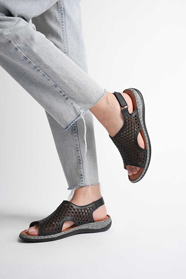 Black Genuine Leather Women's Sandals
