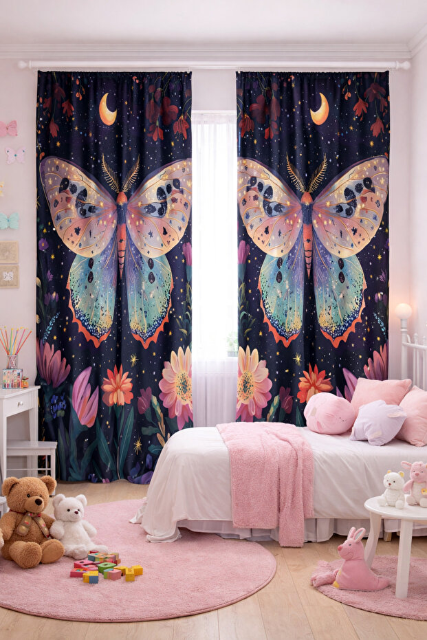 Children's Room Double Winged Background Curtain with Moon, Star and Night Butterfly Pattern