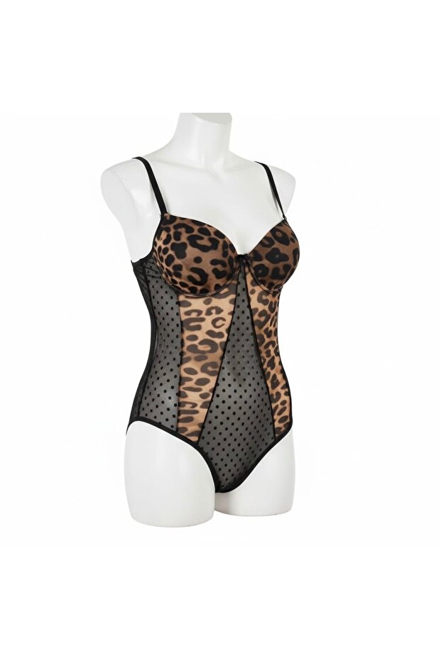 Leopard Patterned Covered Underwire Bodysuit - 6