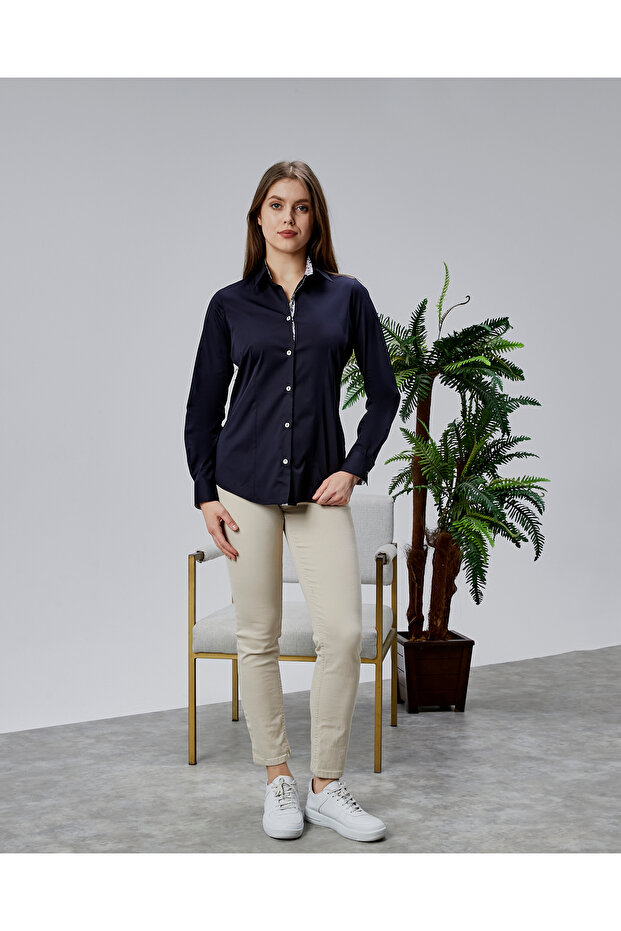 Navy Blue Cotton Satin Lycra Patterned Fabric Detailed Slim Fit Women's Shirt
