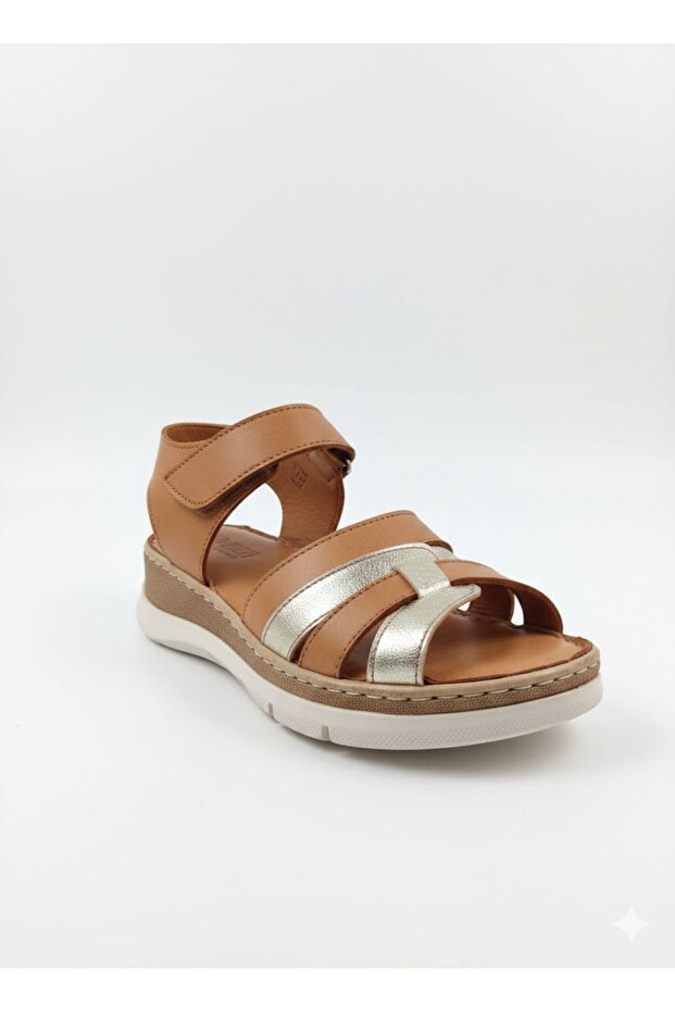 Inside and Outside, Genuine Leather Padding Sole, Tan Gold Detailed Women's Velcro Sandals