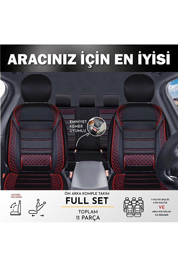 Fiat Egea Hb Compatible Leather Detailed Auto Seat Cover Front/Rear Set Save Model Black Red