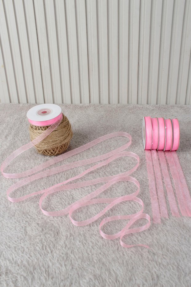 Pink Organza Tulle Ribbon 1 cm 22 Mt - Bundle, Wedding, Engagement, Dowry, Gift, Decoration, Party