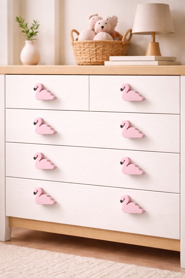 Children's Room Drawer Dresser Handle with Pink Swan Figure - Modern Decorative Single Handle