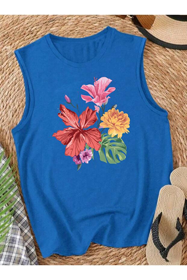 Pastel Flower Printed Women's Sleeveless Cotton Tank Top Tshirt