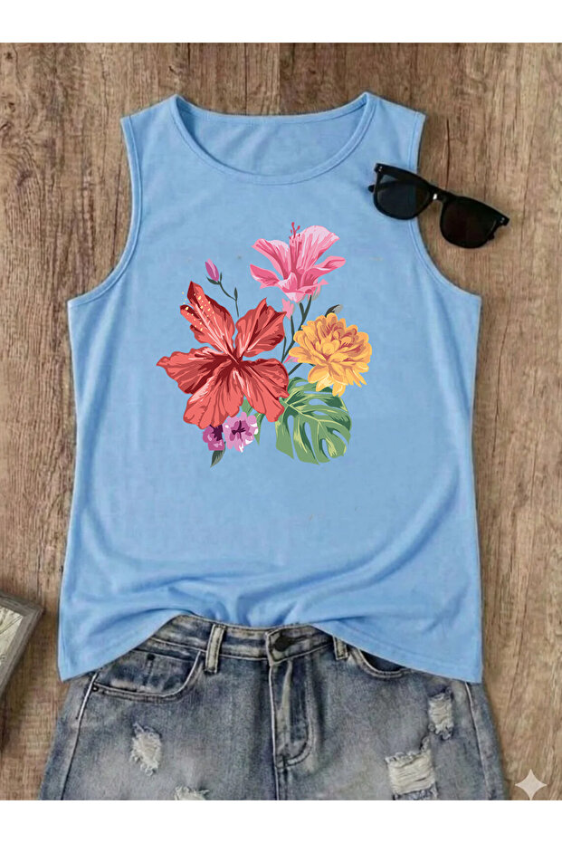 Pastel Flower Printed Women's Sleeveless Cotton Tank Top Tshirt