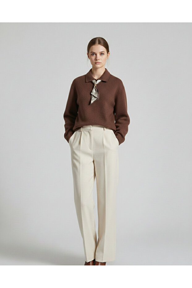 Polo Collar Scarf Brown Sweater