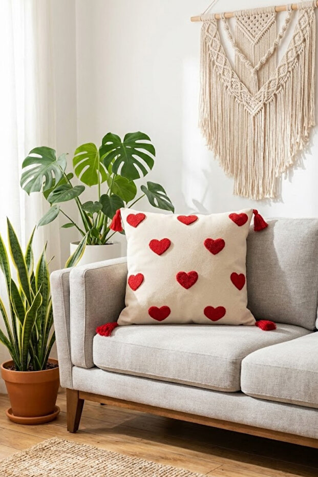 Red Heart Patterned Punch Cushion Cover 42X42 cm - Embossed Textured Pillow with Tassels