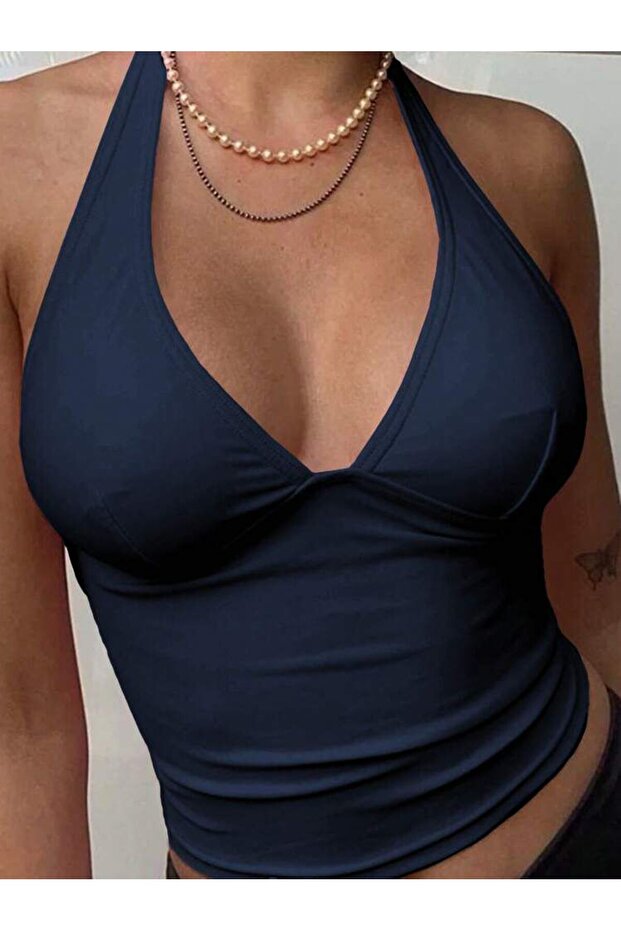 Women's Halter Neck V-Neck Crop Blouse