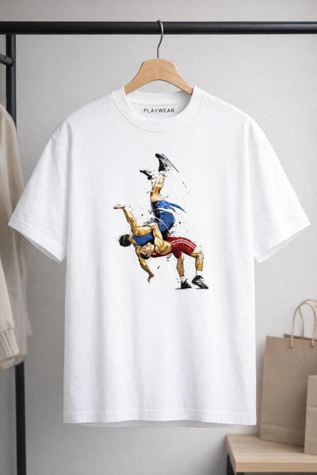 Play Wear Unisex Round Neck Wrestling Printed White T-Shirt - Tshirt