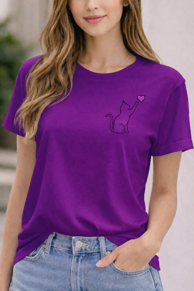 Hearted Cat Printed Cotton Relaxed Fit Round Neck Unisex T-Shirt