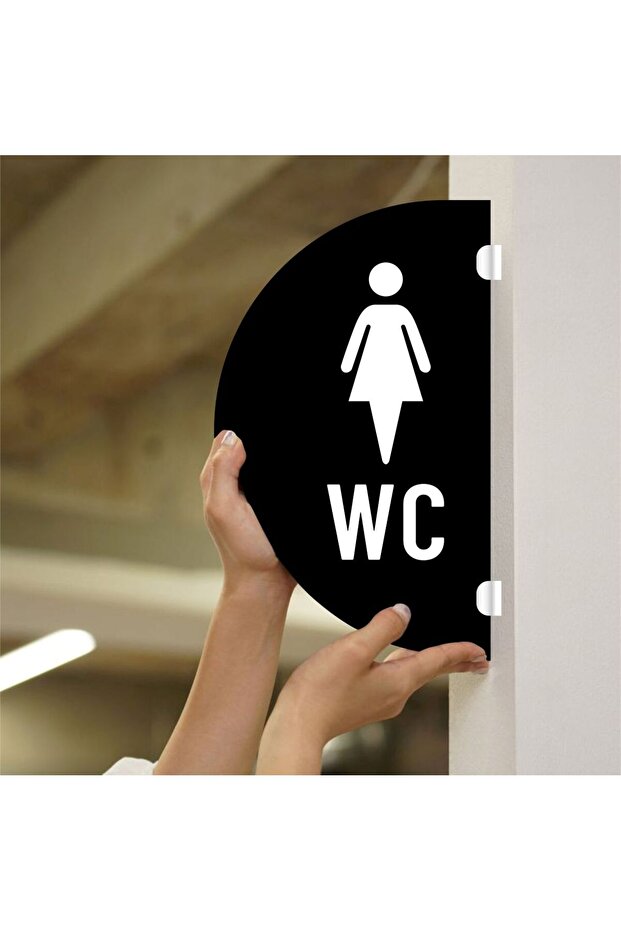Wc - Women's Double-Sided - Side Mounted Directional Sign 18X30Cm - Black Plexiglass