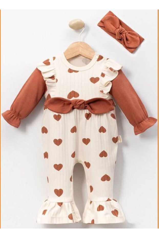 Big Heart Printed Bandana Ribbed Flared Leg Baby Girl Romper Coffee-Beige