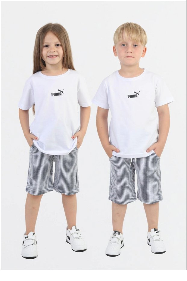 Unisex Kids White Logo Printed T-Shirt and Green Striped Shorts Summer Two-Piece Set