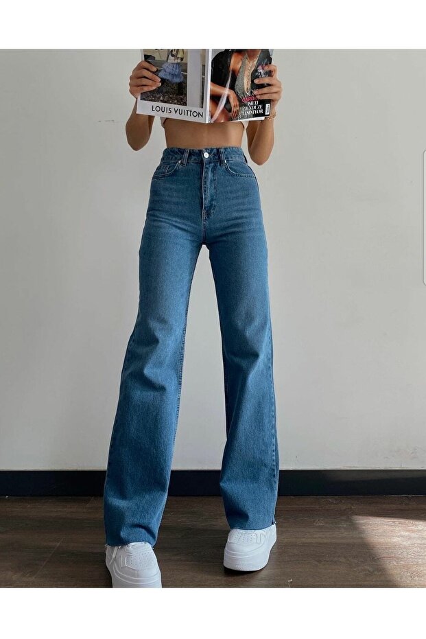 Scool Blue Lycra Super High Waist Loose Jean Trousers. (super High.) Wide Leg.