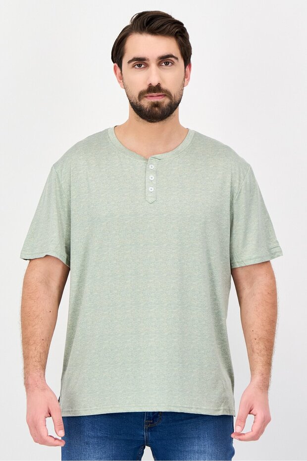 Men Henley Neck Short Sleeve Heather T-Shirt, Sage Green
