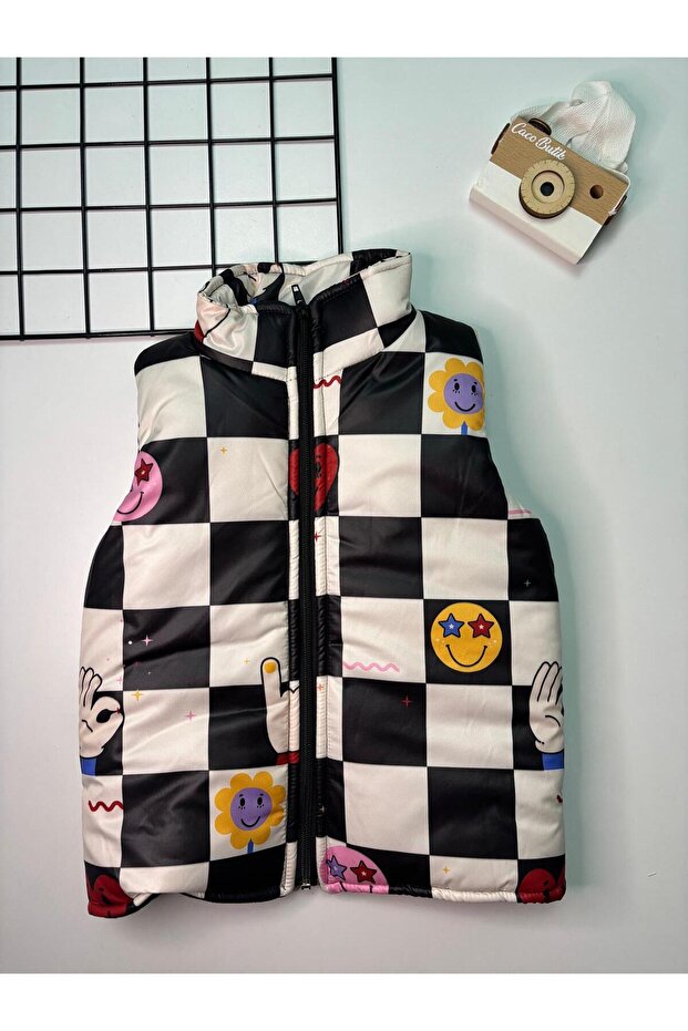 Unisex Children's Luxury Checkered Puffer Vest Black-White
